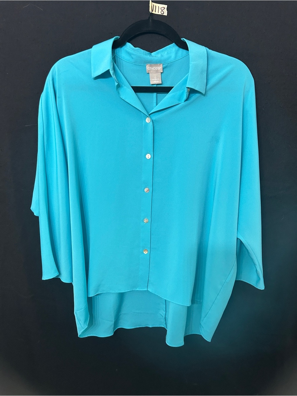 Women’s Chico’s Turquoise Flowy Career Blouse Button Front Size 6